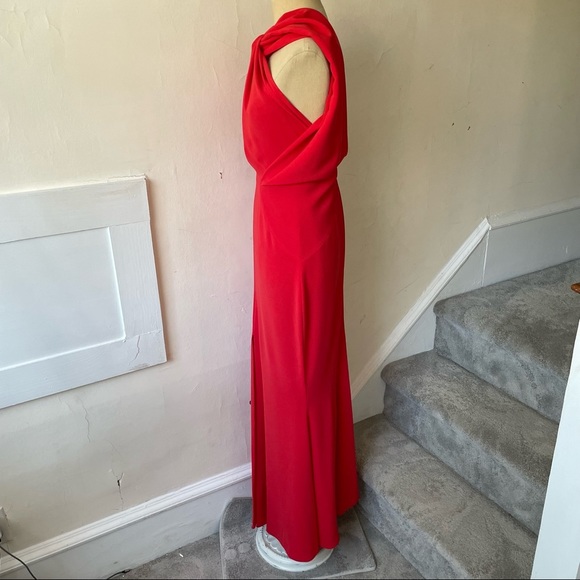 Talbot Runhof Red Crepe Golatta Draped High-Slit Split-Shoulder Halter Gown Sz 6 - Picture 3 of 12